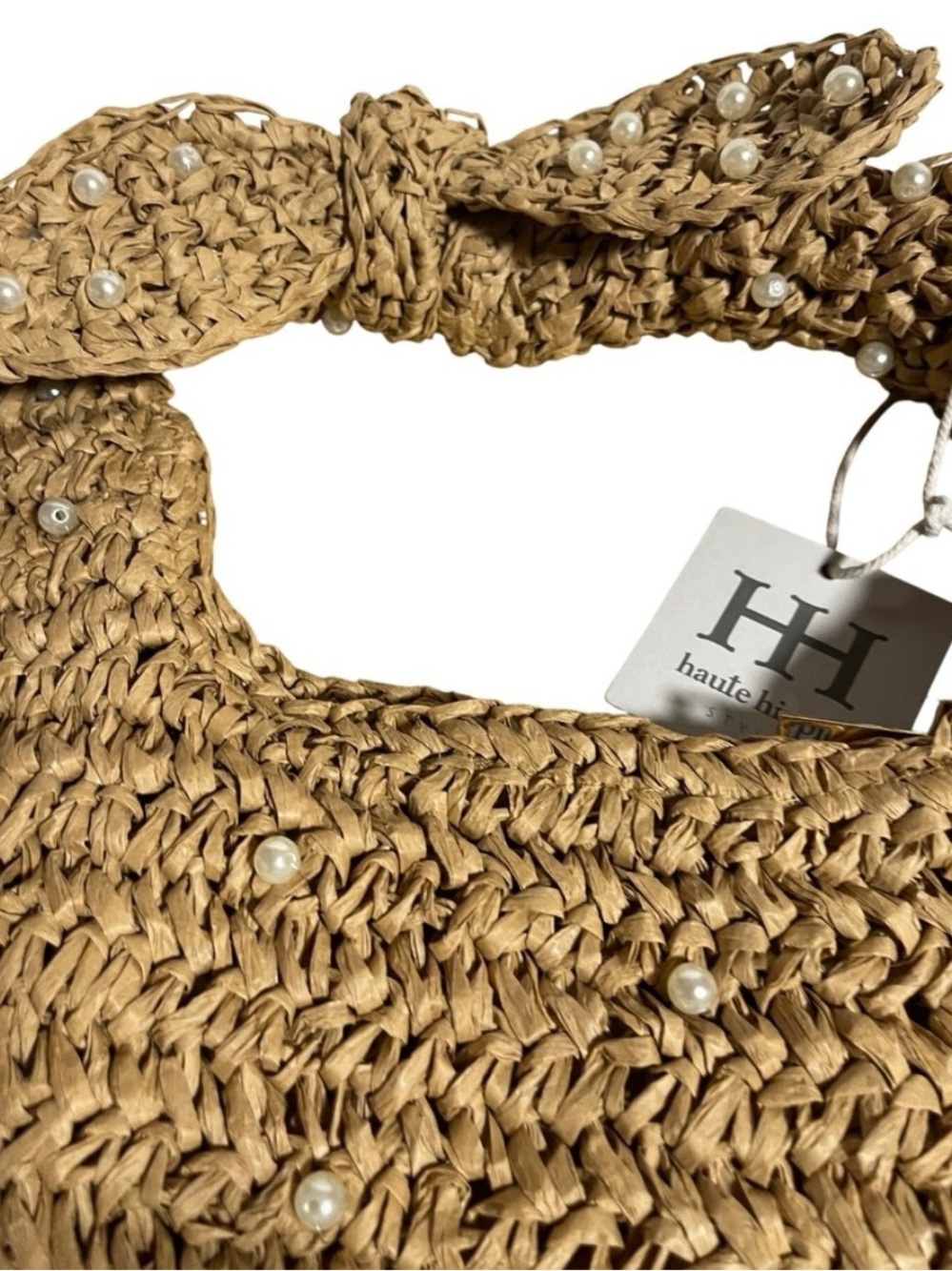 Haute Hippie Natural Beige Straw Shoulder Bag with Faux Pearls NWT